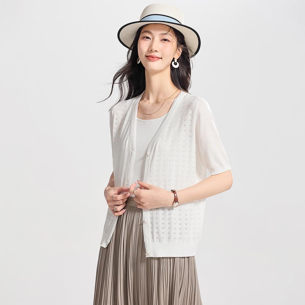 Hollow out knitted sweater with mulberry silk V-neck, casual, fashionable, versatile, thin short sleeved, women's small cardigan shawl