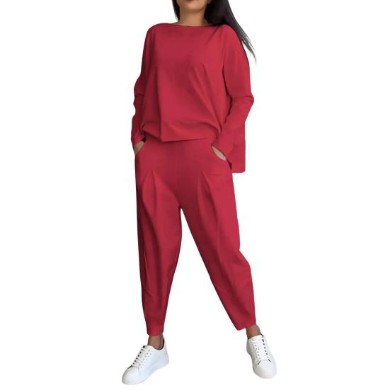 2 Teile/satz Herbst Frühling Frauen Top Hosen Set Lange Ärmel O Neck T-shirt Elastische Taille Hose mit Seite Taschen OL Pendeln Sport Hosenanzug Outfit