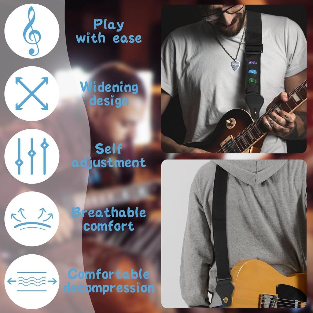 Guitar Strap with 3 Pick Holders, Includes 6 Guitar Picks and a pick box- Adjustable for Acoustic Electric Guitar