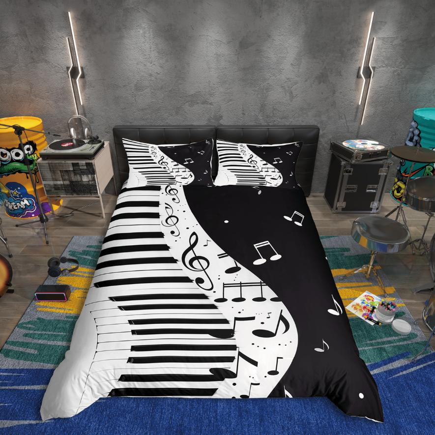 Homewish Black White Piano Duvet Cover Set Pop Music Melody Bedding Set Teen Boy Girl Kid Decor Luxury Bedroom Decor