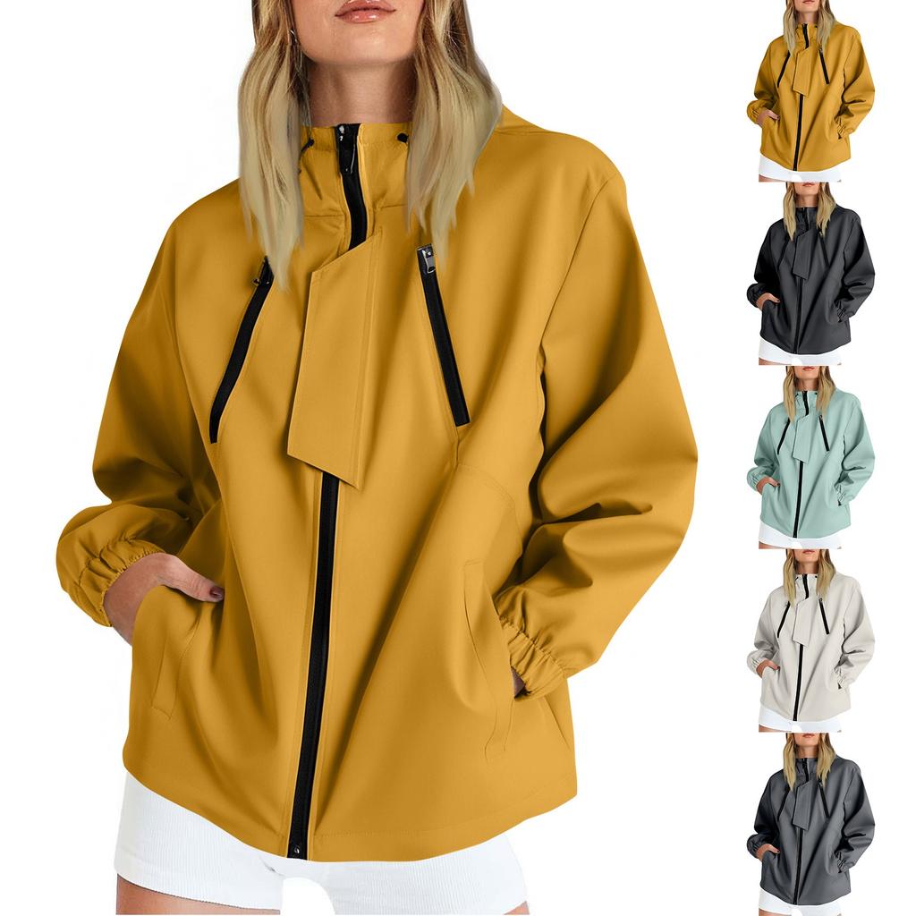 Women Solid Stripe Rain Jacket Outdoor Plus Waterproof Hooded Raincoat Windproof