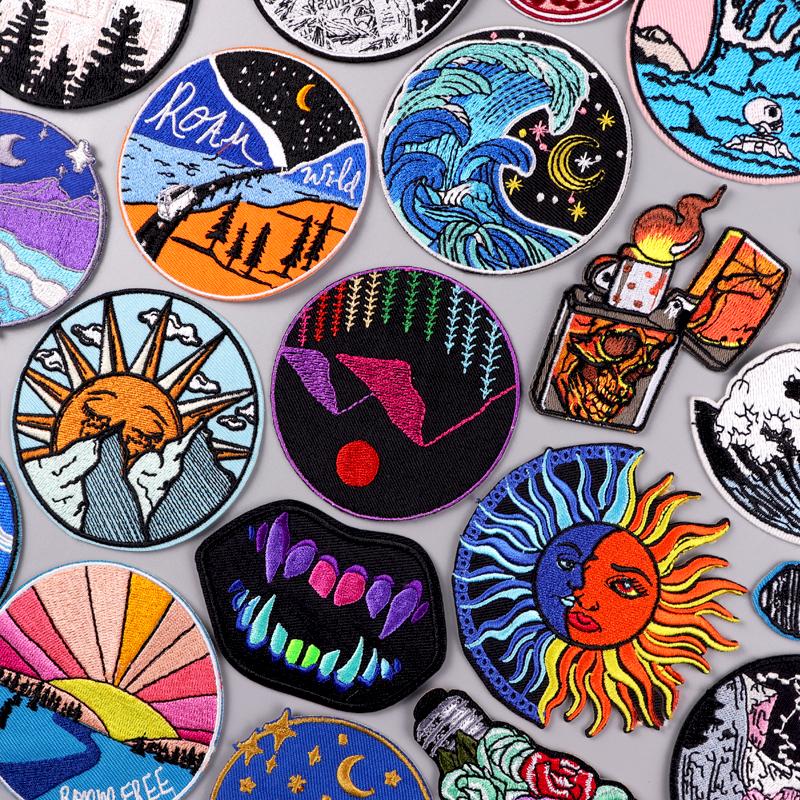 Wilderness Patch Iron On Patches For Clothing Outdoor Embroidered Patches On Clothes Sun And Moon Patch For Clothes Stripe Badge