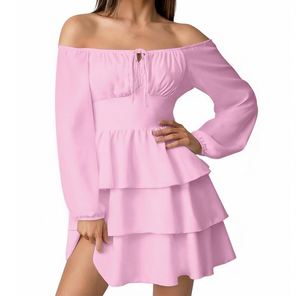 Women's Fashion Off-Shoulder Tie-Detail Pleated Long-Sleeve Fitted -Color Short Dress