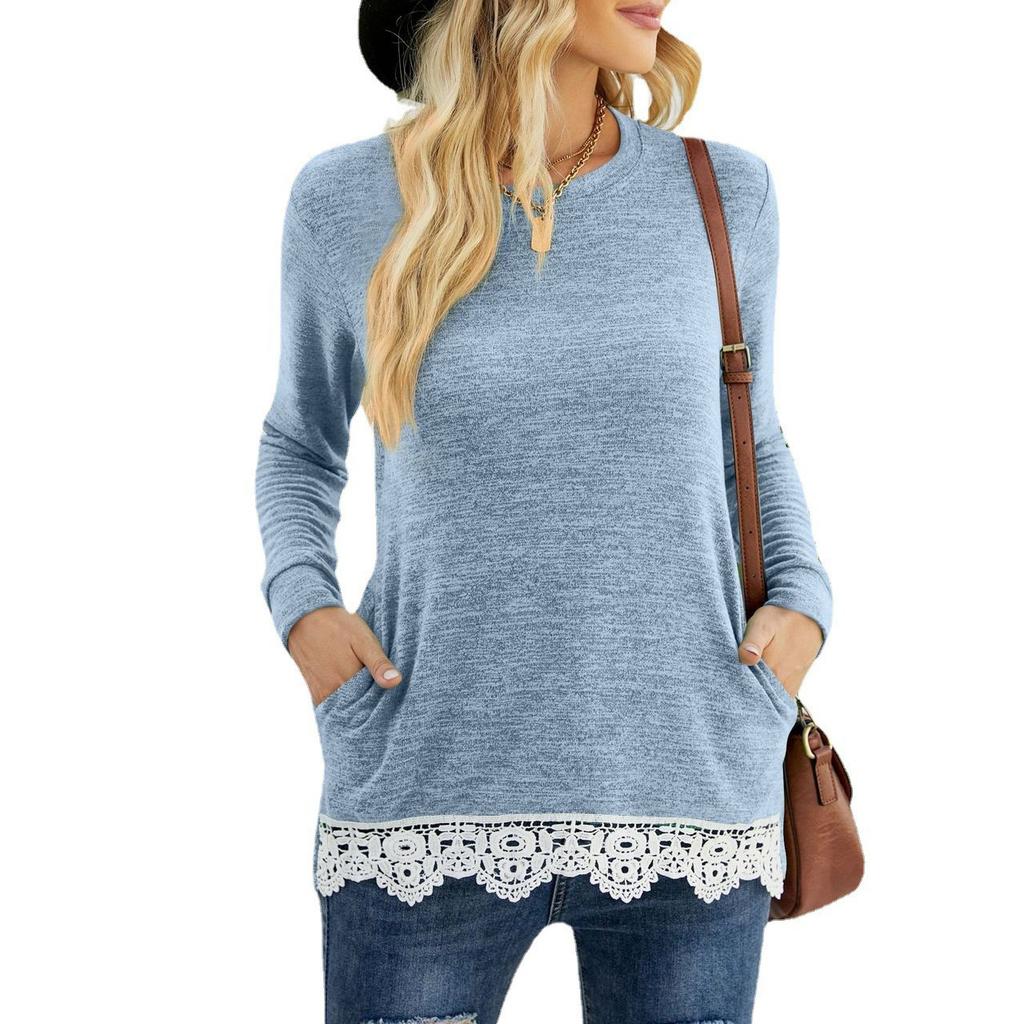 Europäische und amerikanische Damenbekleidung, Rundhalsausschnitt, lockerer, lässiger Pullover, Taschen-T-Shirt, Spitzennaht-Oberteil