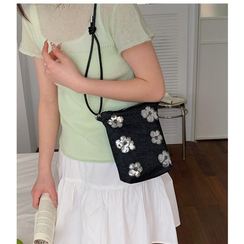 Sequin Embroidery Flower Denim Small Bag, Women's Versatile Phone Bag, Single Shoulder Crossbody Bag, Children's Bag