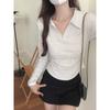 Korean version of the new spring and autumn polo collar shoulder pure desire wind long-sleeved T-shirt women's design sense slim and thin top