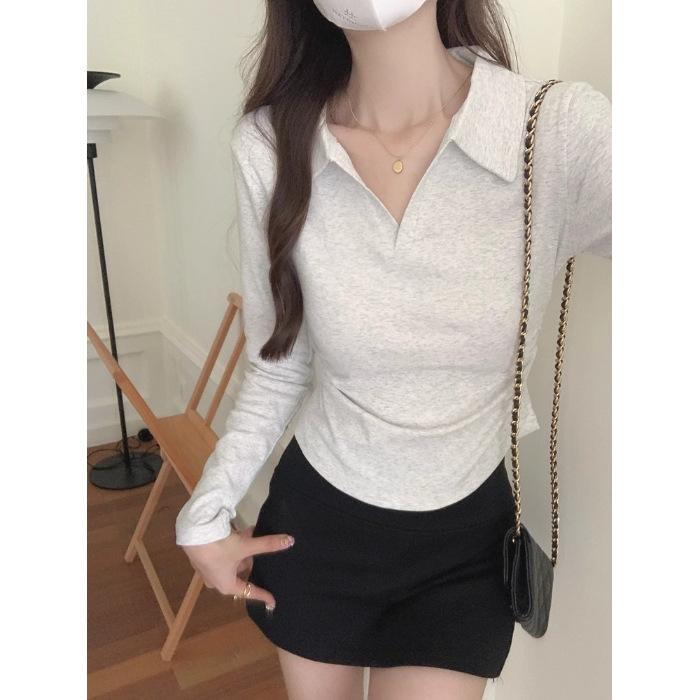 

Korean version of the new spring and autumn polo collar shoulder pure desire wind long-sleeved T-shirt women s design sense slim and thin top XL