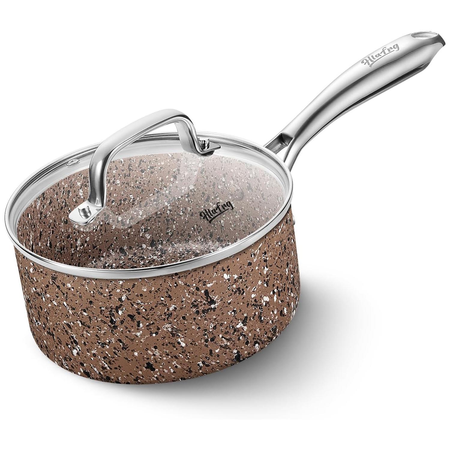 

Кастрюля объемом 1 кварта с антипригарным покрытием, стеклянной крышкой, ручками из нержавеющей стали, прочной алюминиевой поверхностью, небольшой кастрюлей для супа, кухонной утварью коричневый