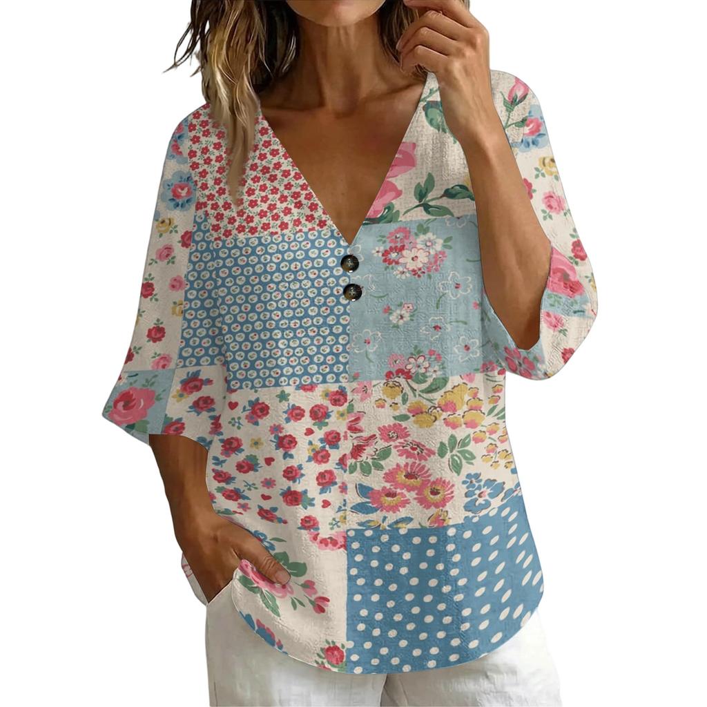 Women V Neck Vintage Floral Print Loose Fit Short Sleeve T Shirt Button Detail Linen Blend Fabric Casual Top for Daily Wear