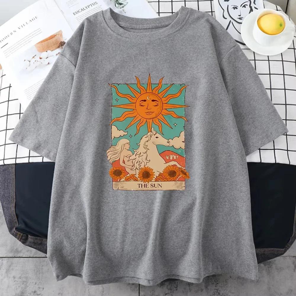 2025 Tarot Card Art The Sun Male T Shirt High Street Vintage Clothing Breathable Casual O-Neck Short Sleeve Mens