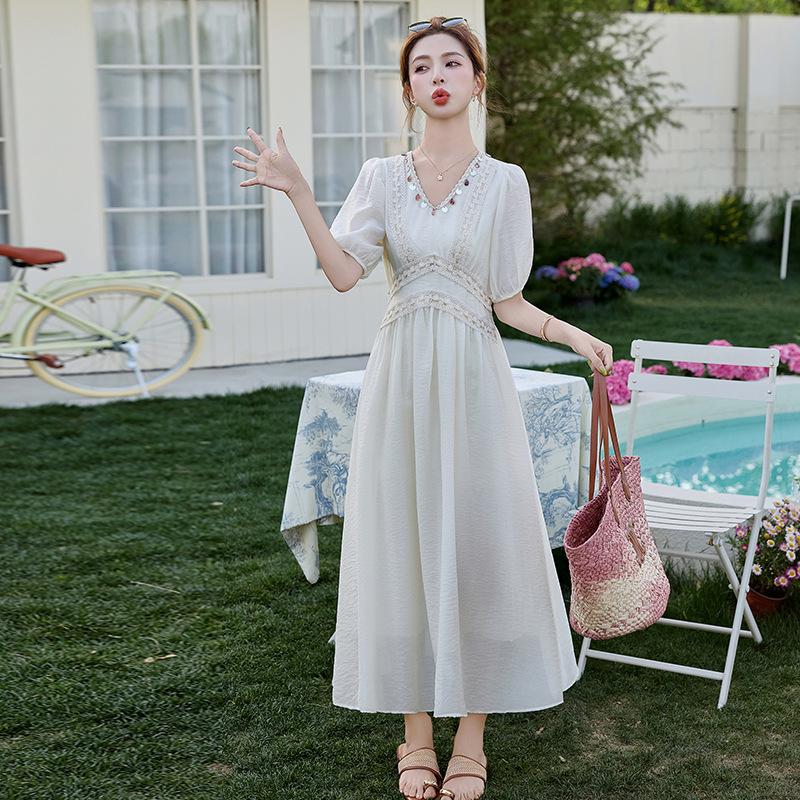 

new temperament V-neck short-sleeved waist dress lace splicing gentle and thin elegant a-word skirt women M