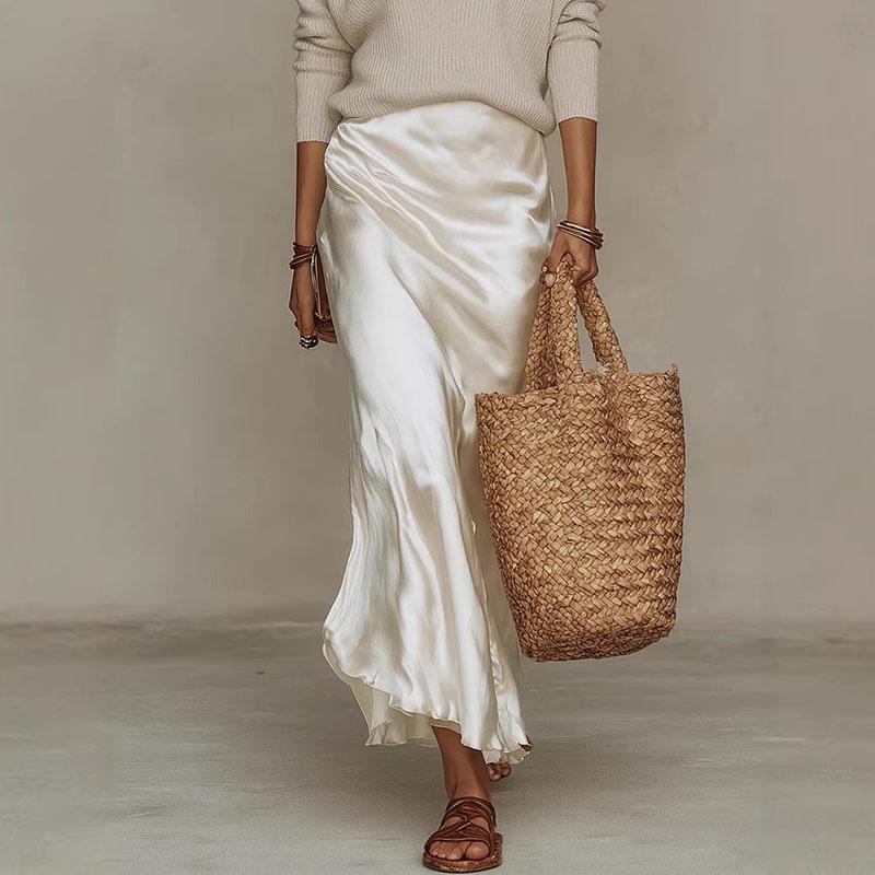 Spring Long Sleeve Loose Sweater Women's Set Elegant V Neck Satin Long Dress Suit Summer Casual Slim Vacation Beach Outfit Mujer