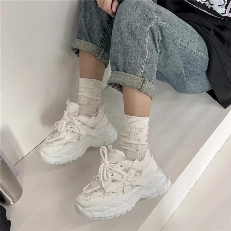 Women's Mesh Sneakers Patchwork Lace Up Flat Shoes for Woman Lightweight Female Shoes Classic white jogging shoes