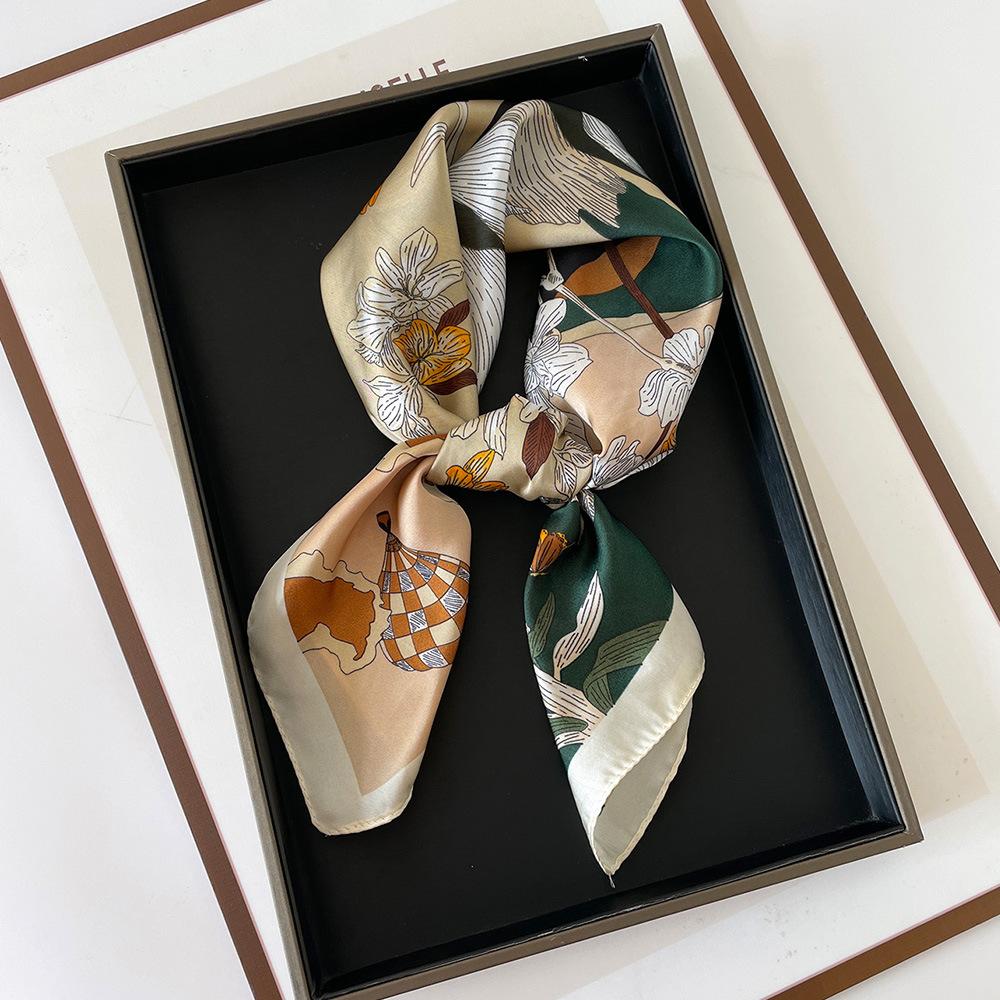 Literary and retro small square scarf geometric printing imitation silk scarf sun protection neck scarf versatile shirt professional scarf