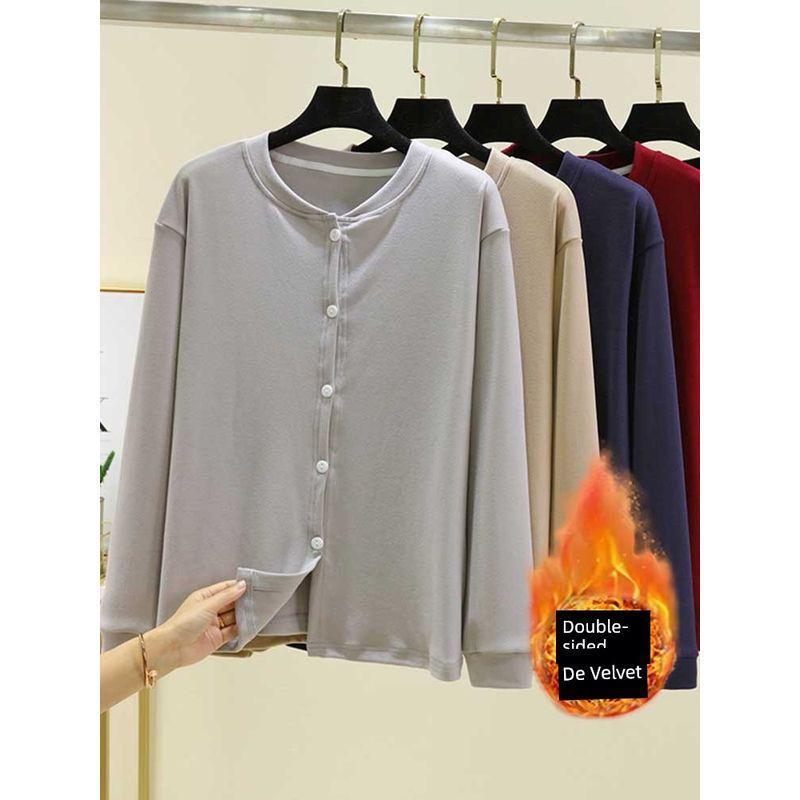 Loose Plus size Fleece-lined Cardigan Women Autumn and Winter Dralon Thickened Buckle Home Wear Outer Wear Plus size Heating Casual Outerwear