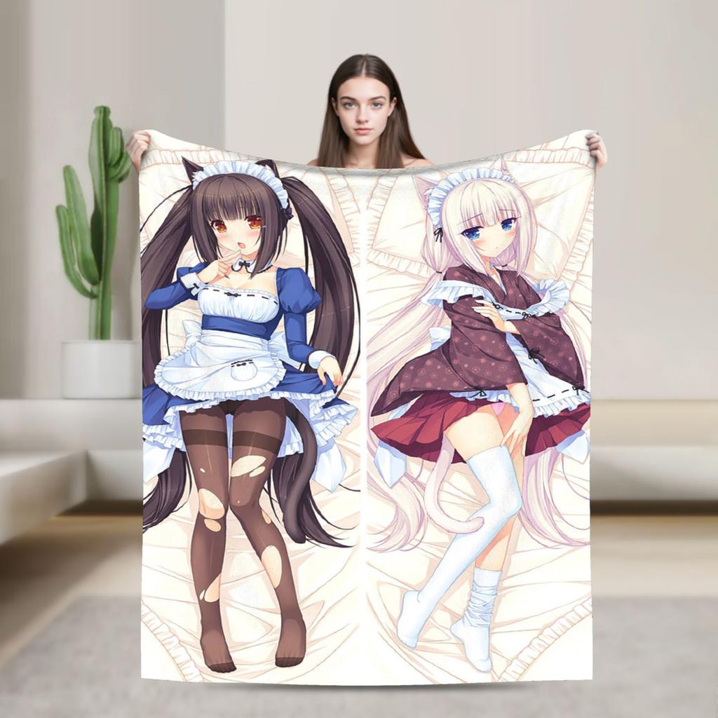 Kawaii Nekopara Anime Catgirls Blankets Fleece  Super Warm Throw Blankets for Outdoor Travel Bedroom Quilt