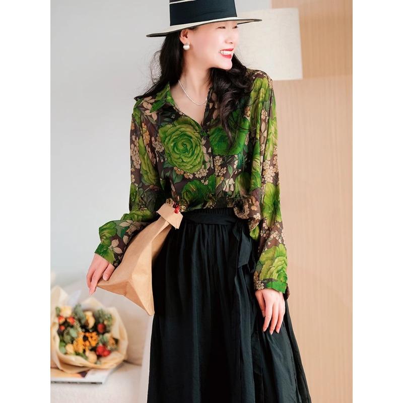 

DIMANAF Плюс Размер Весна Шифон Рубашка Женская Блузка Длинный Рукав Модные Цветочные Топы Свободные 2025 Новинка One Size зелёный
