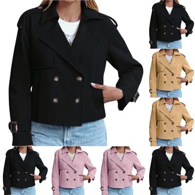 Women's Fashionable Casual Pocket Short Double Breasted Windbreaker Jacket