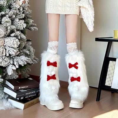 New Year'S Red Plush Leg Cover Autumn And Winter Warm Stacking Socks Spice Girl Fur Calf Socks Bow Fluffy Socks Cover