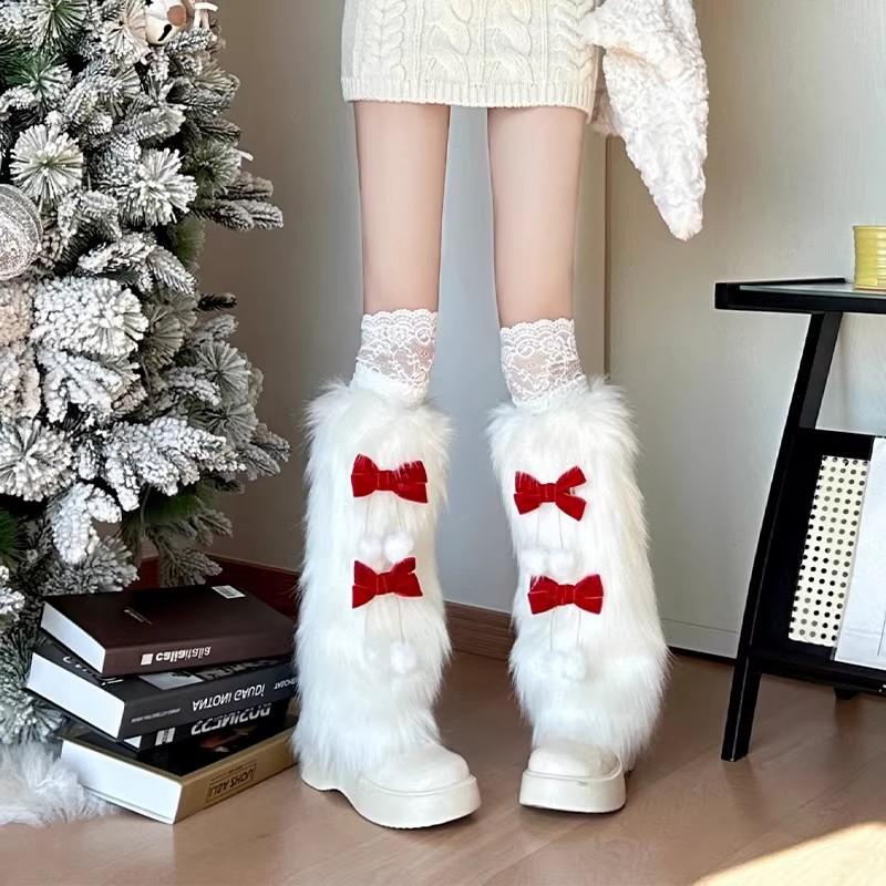New Year'S Red Plush Leg Cover Autumn And Winter Warm Stacking Socks Spice Girl Fur Calf Socks Bow Fluffy Socks Cover