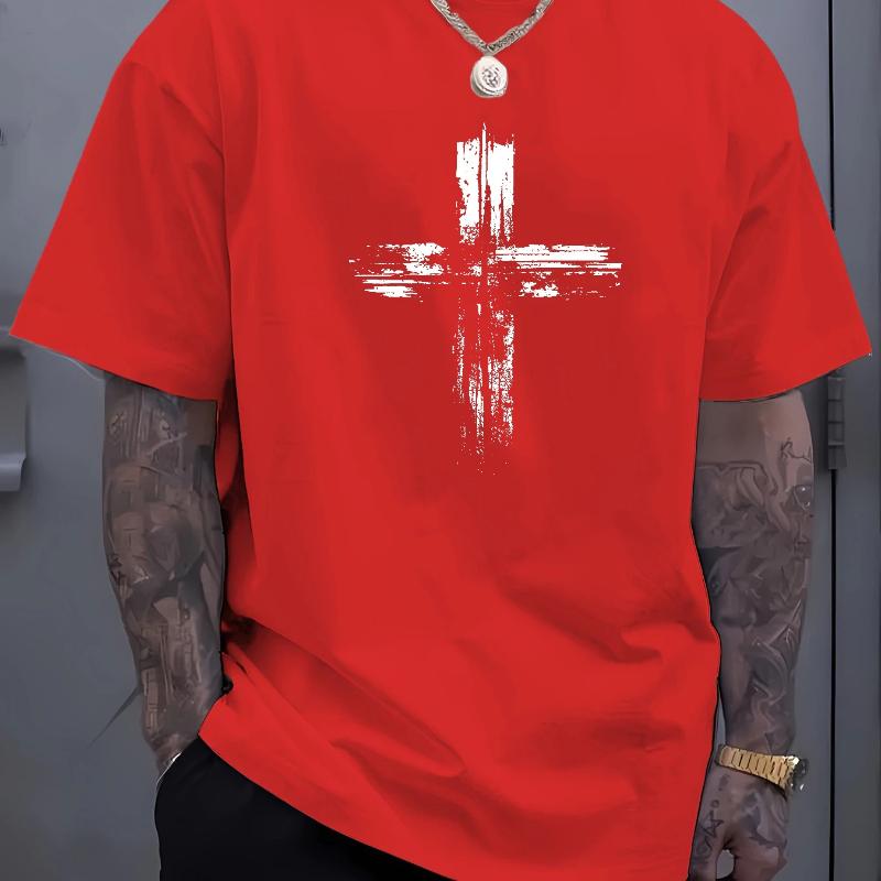 Men's summer cotton fashionable casual loose plus size retro cross print sports round neck short sleeved T-shirt top