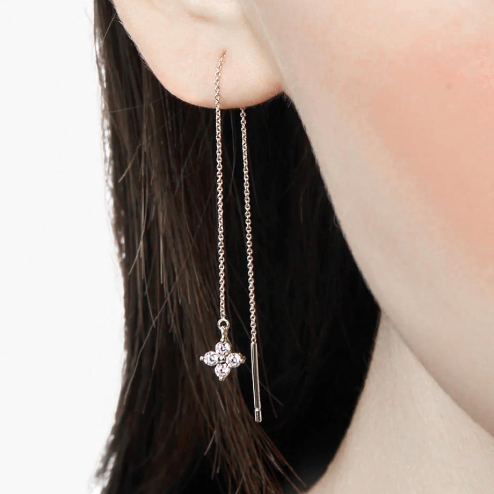 Fashion 925 Sterling Silver Tassel Chain Flower Small Zircon Gold Plated Stud Earring Jewelry for Women