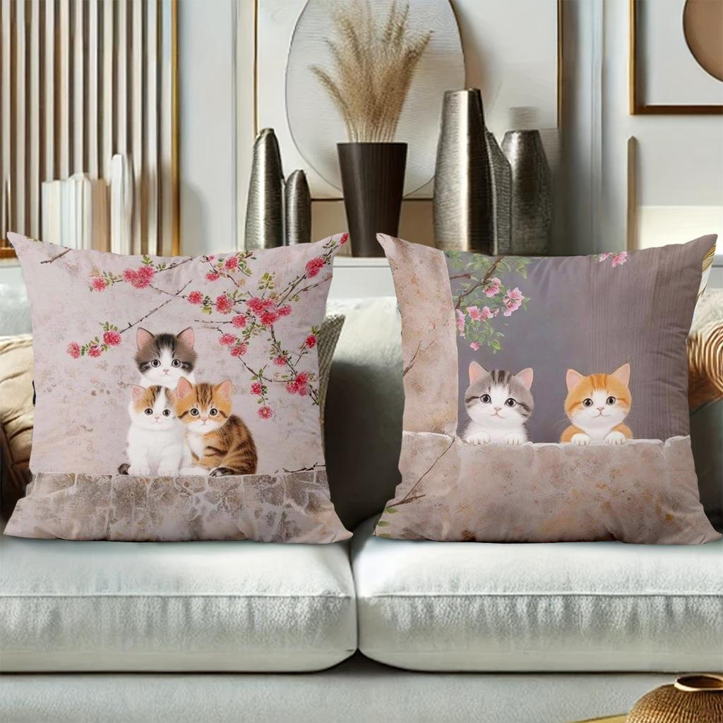 Cute Kitten Pattern Throw Pillows For Home Decor Polyester Pillowcase, Sofa Decorative Cushion Cov Headboard Pillow