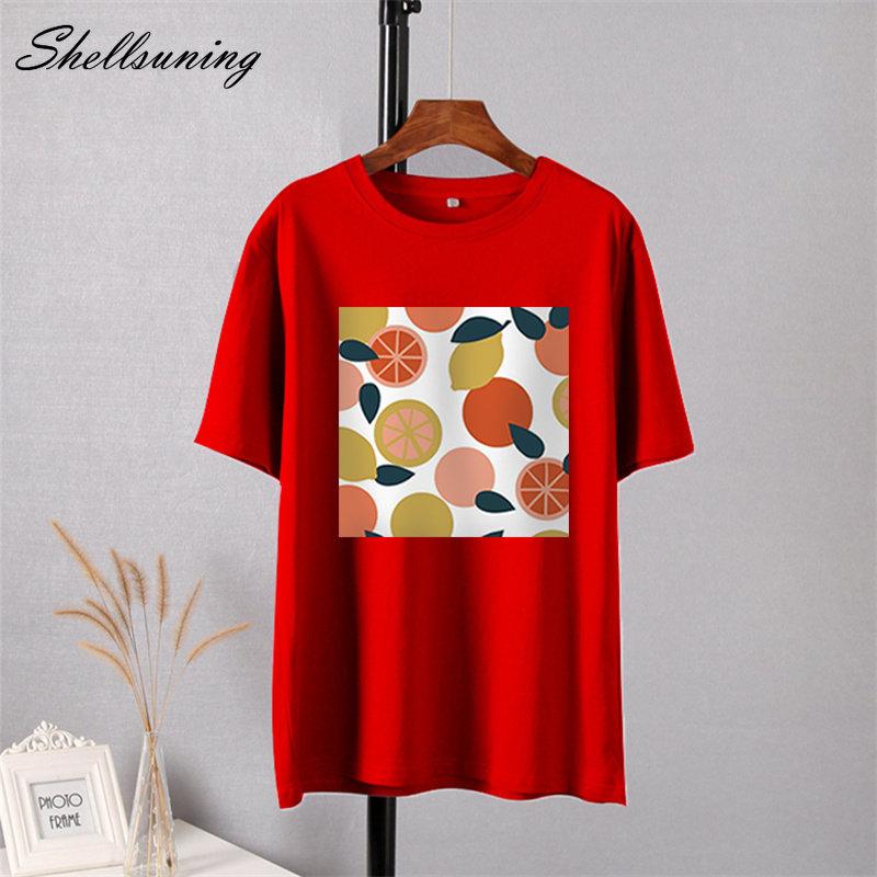 Shellsuning Casaul Kawaii Fruit Printed T Shirt Women Loose O Neck Short Sleeve Base Tees Female Simple Cotton Trendy White Tops
