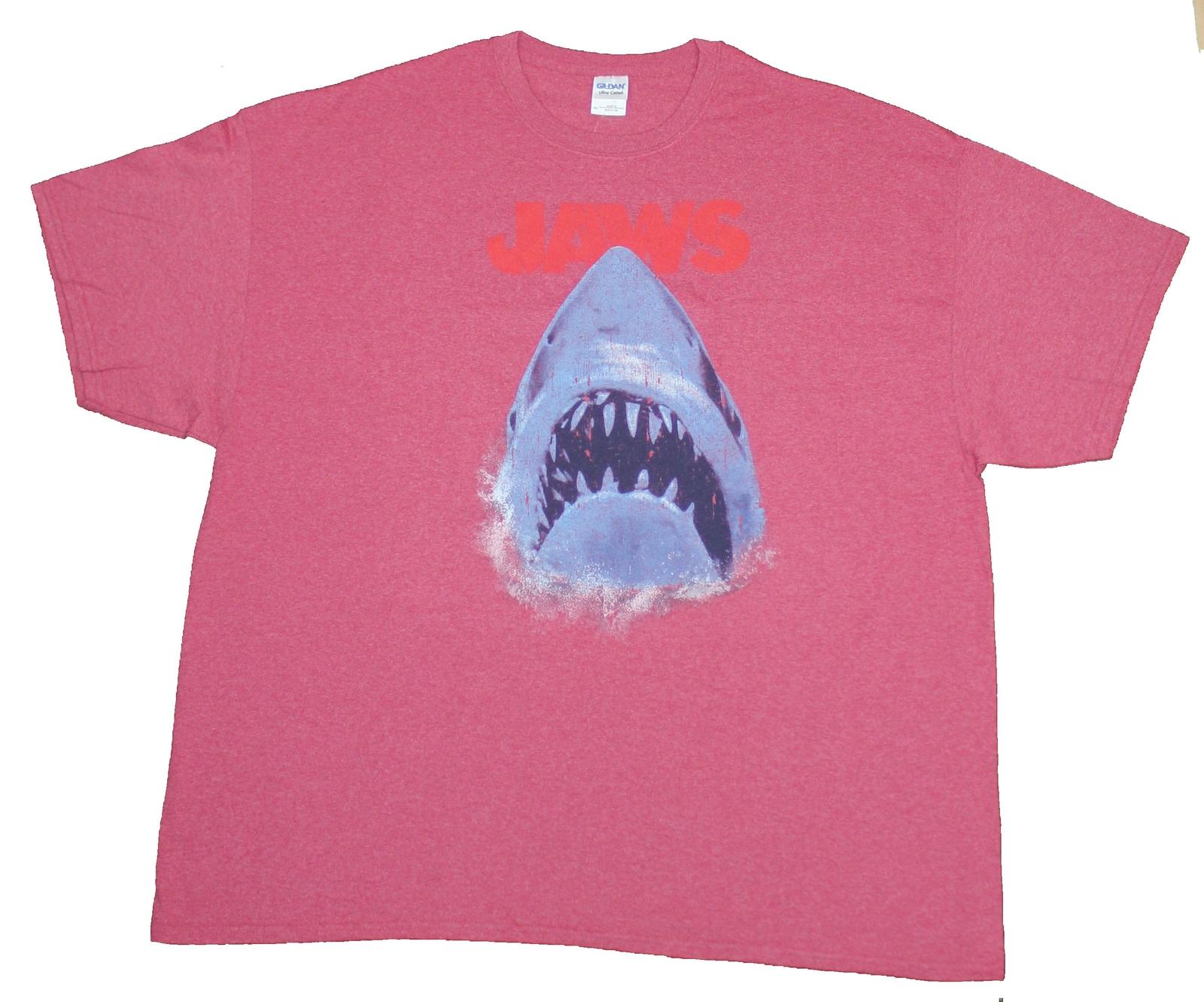 Jaws Mens T-Shirt- Distressed Big Mouth Shark Under Red Name Image S