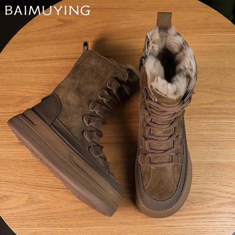 Platform Women Snow Ankle Boots Short Plush Designer Lace Up Cotton Mid Heels Shoes 2025 Trend Winter Warm Walking Botas Mujer