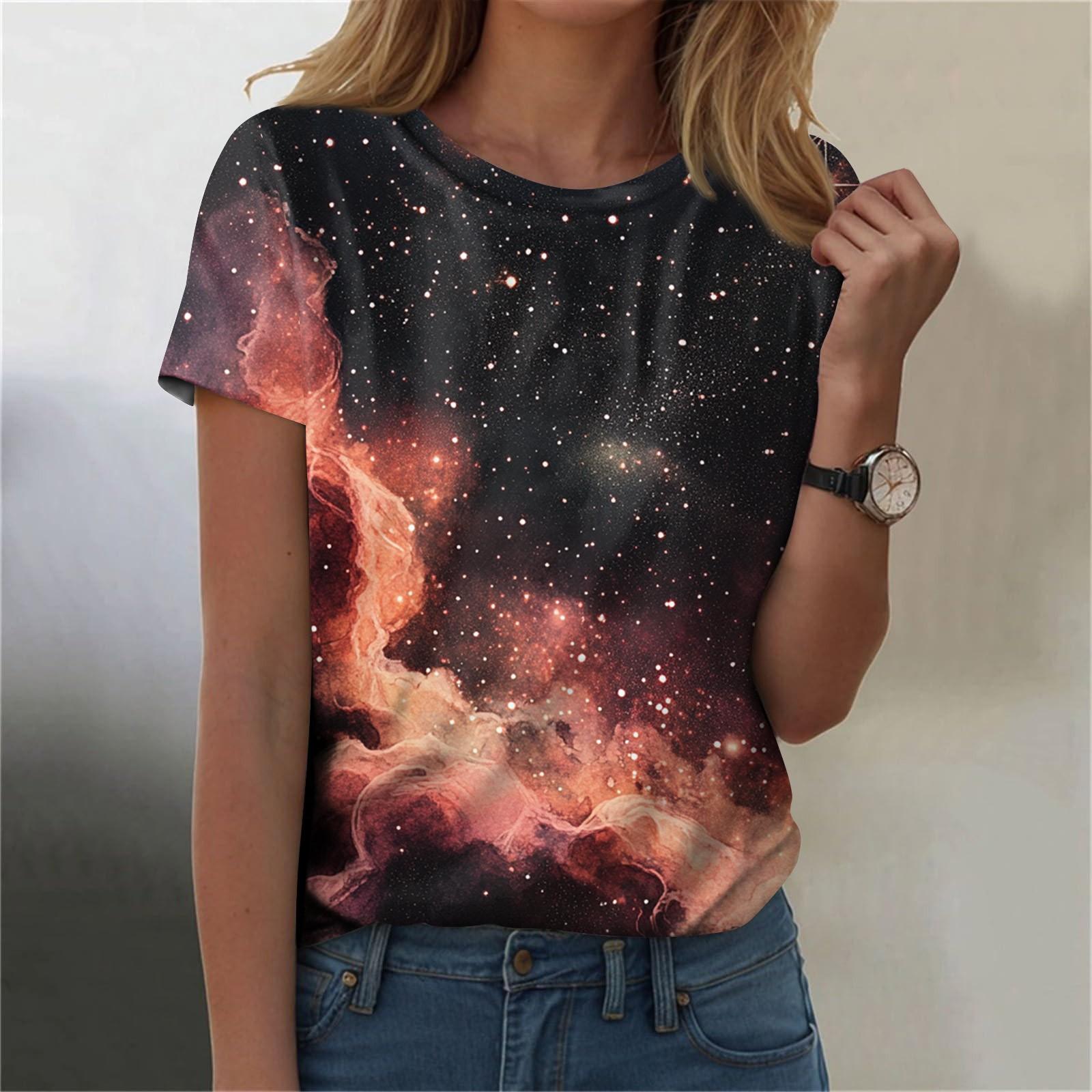 

Жіноча модна модна футболка з короткими рукавами з принтом неба. Модна універсальна приталена футболка M помаранчевий