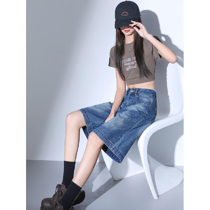 High Waist Black Retro Washed Denim Shorts Women'S Harajuku Vintage Fashion Casual Loose Y2K Streetwear Mid Long  Wide Leg Pants