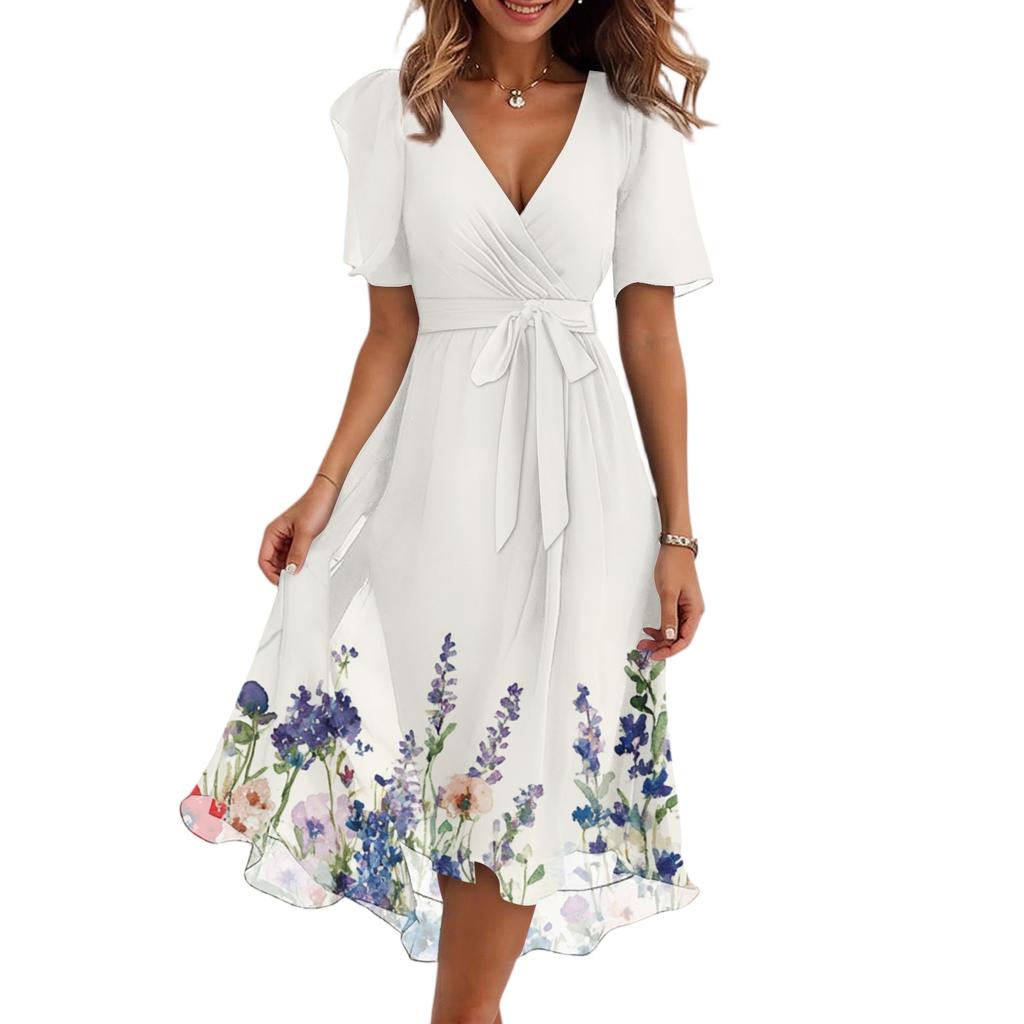 Robe Femme Mode Décontractée Col V Manches Courtes Volantée Imprimé Vintage