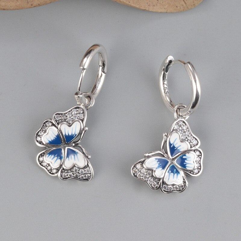 925 Sterling Silver Enamel Butterfly Hanging Earrings Certificated Jewelry Simple Marcasite Stone Ear Buckle Small Earrings E159
