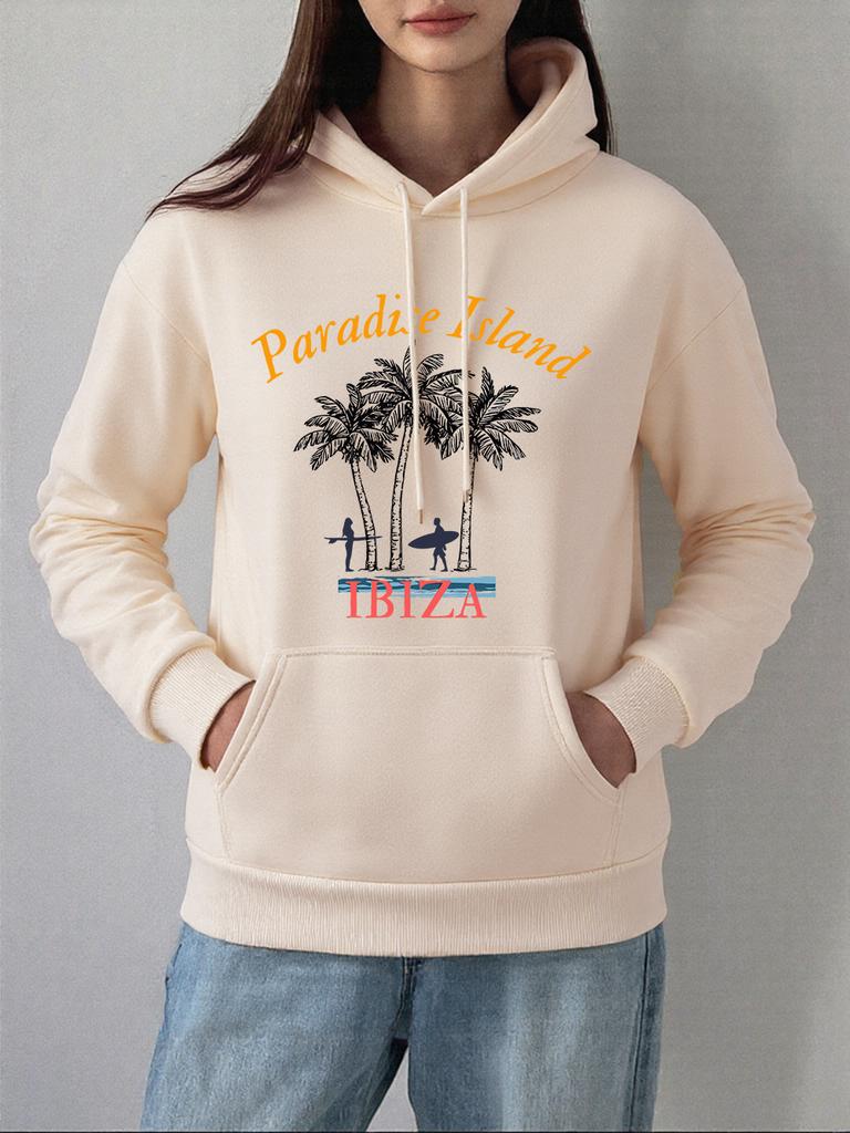 Paradiesinsel Ibiza Print Hoodie Damen Winter Fleece Warm Pullover Basics Tasche Sweatshirts Freizeit Locker Damenkleidung