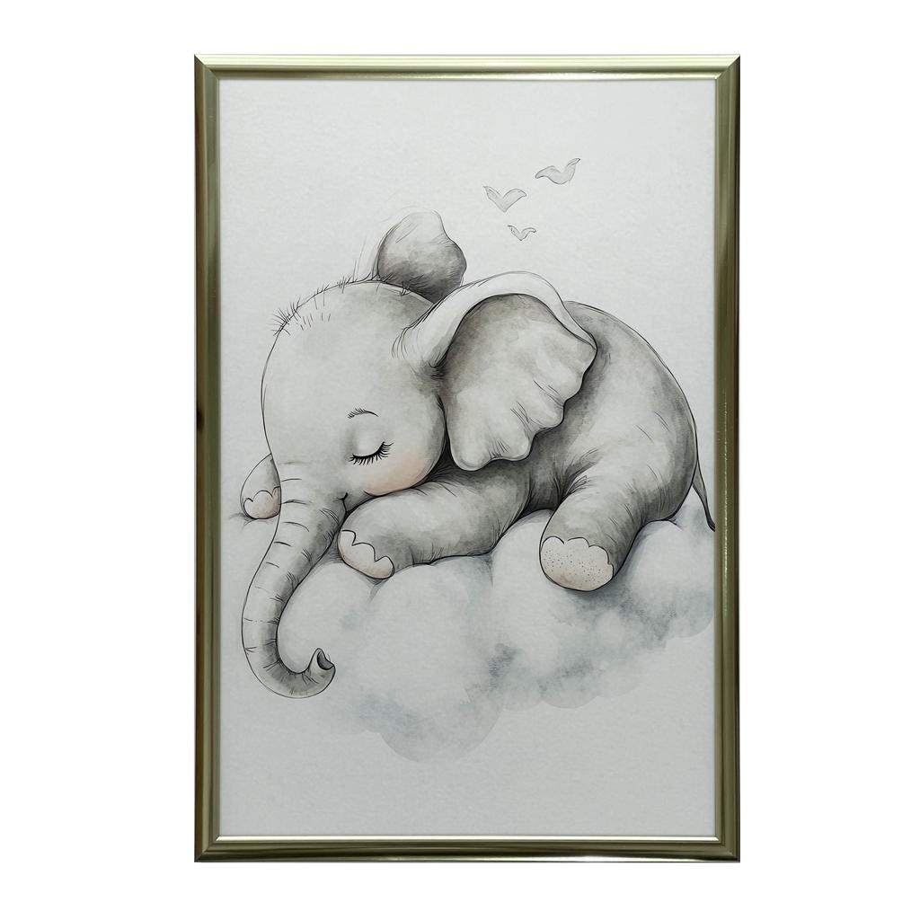 Plakat Senny Słonik Na Chmurze Plakat Senny Słonik Na Chmurze, 40X50 Cm, Rama Aluminiowa Złota, Papier Matowy 230 Gsm