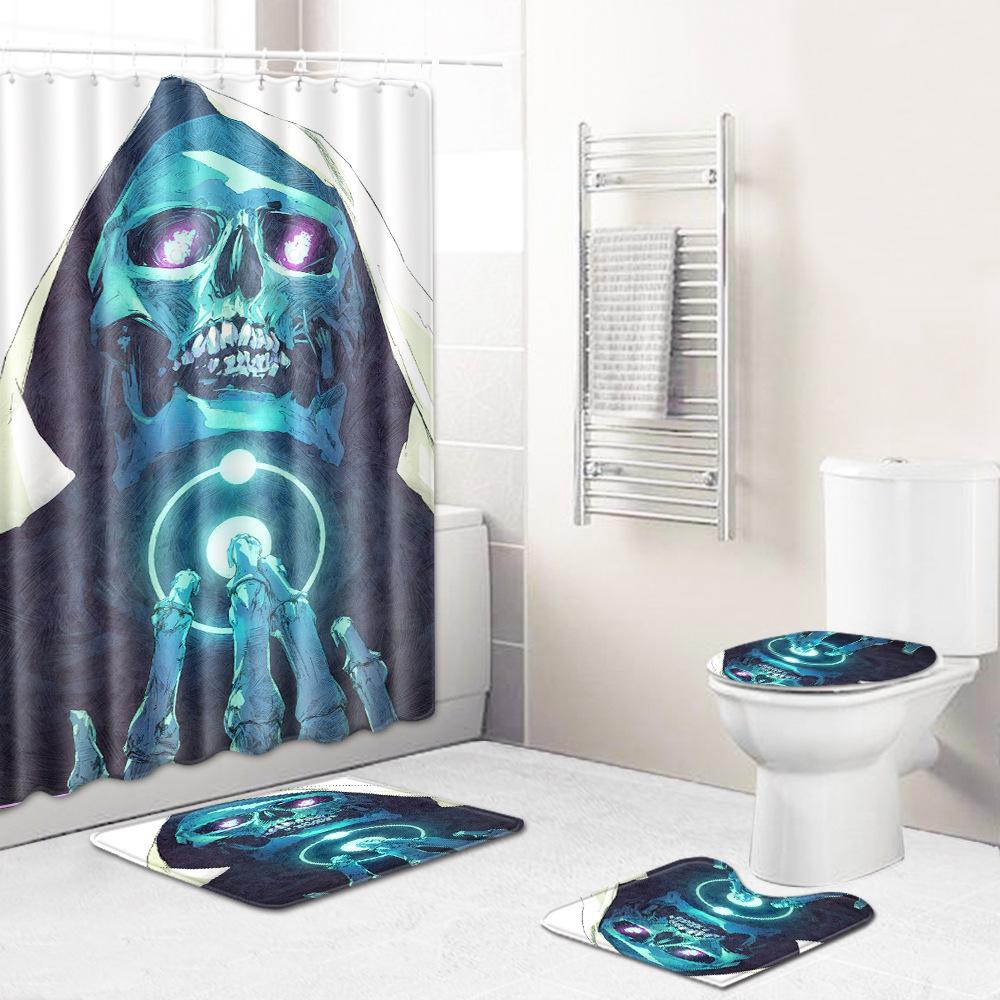 Skull Shower Curtain Floor Mat Combination Four-Piece Set Bathroom Toilet Carpet Shower Room Mat Foot Mat