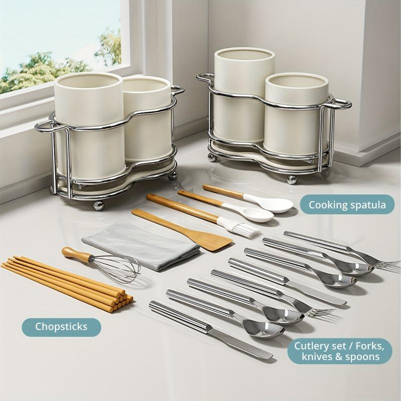1 silverware utensil holder with metal frame and 2 compartments for kitchen and countertops