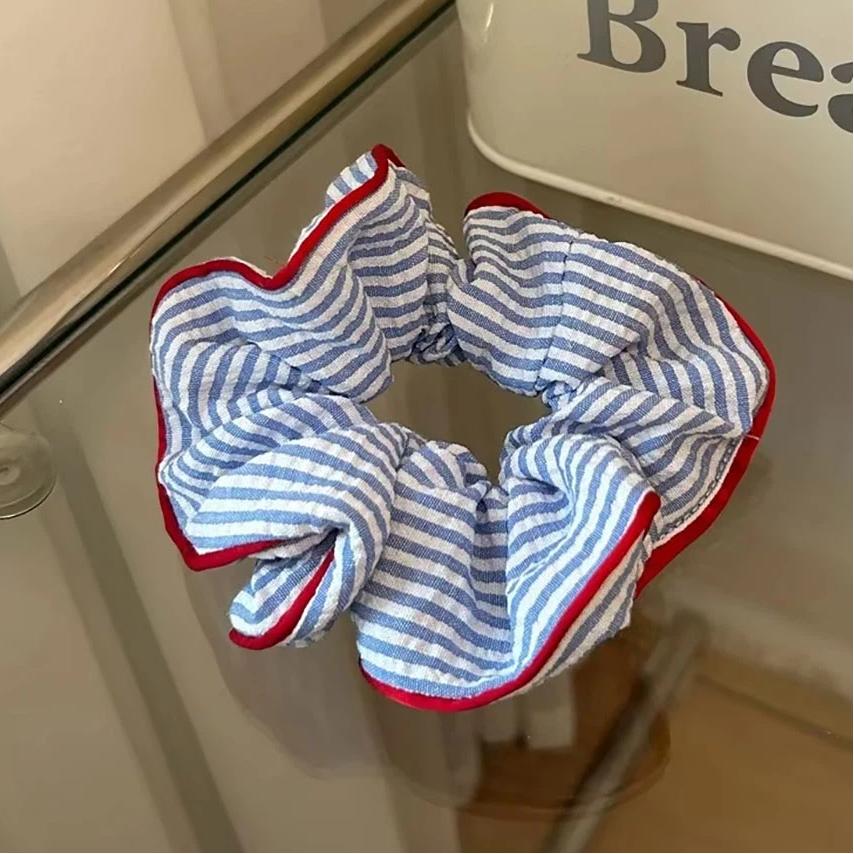 Neue Scrunchies Roter Saum Blau Gestreiftes Haargummi Süß Frisch Elastisches Haarband Mädchen Frauen Haaraccessoires