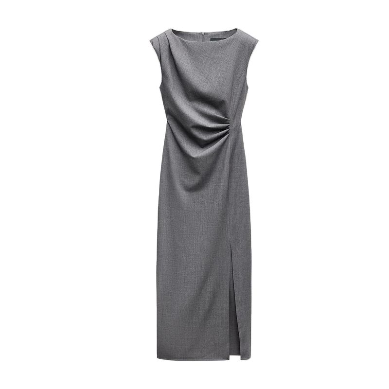 Fall and Winter New Waist Slim Looking Pleated round Neck Sleeveless Slit Hemline at Hem Midi Skirt Dress 6962231
