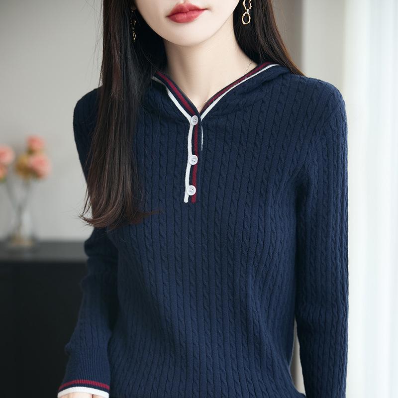 

Новый осенне-зимний вязаный свитер с капюшоном для женщин, модный свитер, который стройнит и создает непринужденный образ M тёмно-синий