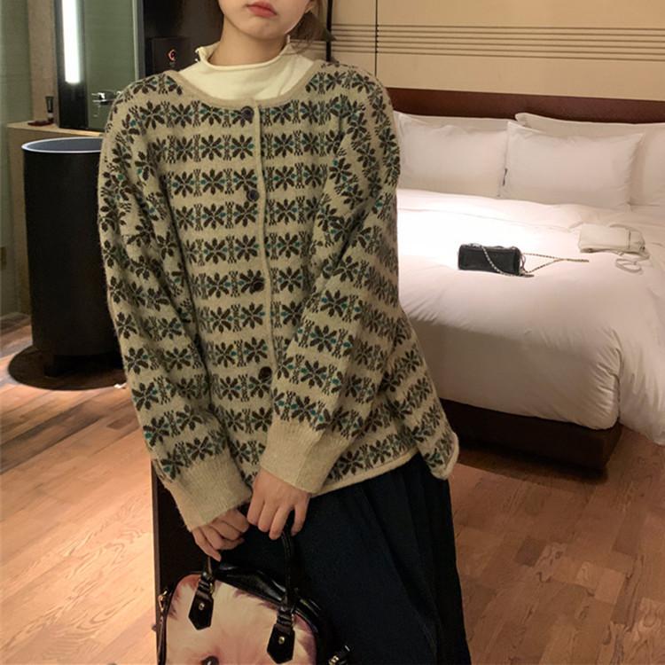 Color Matching Flowers Retro New Autumn and Winter Loose Knitted Sweater Round Neck Soft Waxy Sweater Cardigan Jacket Women