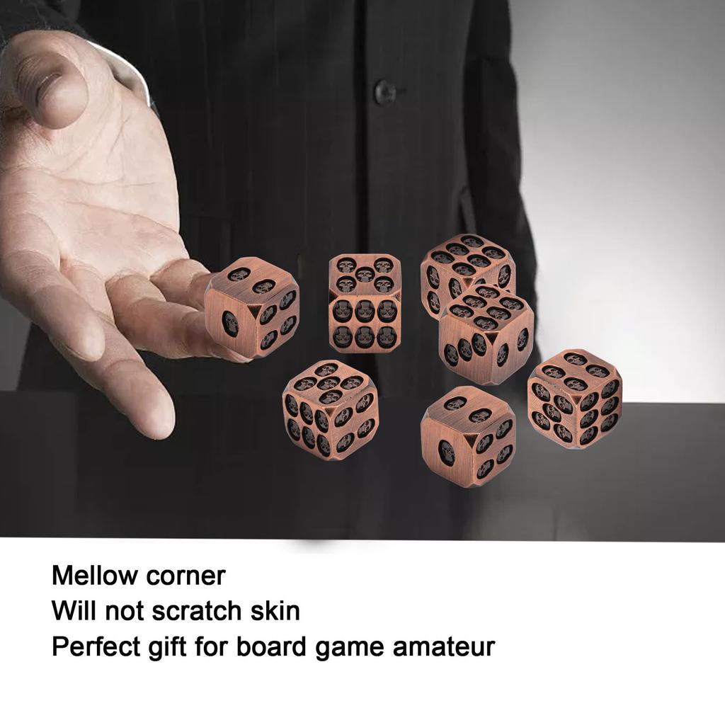 7pcs Metal Dice Set Exquisite Square Inlaid Skull Pattern Dice Board Game Props for Holiday Party Antique Red Bronze