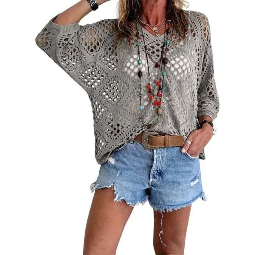 

Women Spring Summer V-neck Diamond Hollow Out Batwing Sleeve Knit Sweater Loose Cover Up Blouse S серый