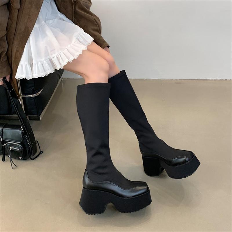 Leather Fabric Splicing Thick Soled Boots Waterproof Platform Heel Women's Knee Boots Elastic Fabric and Ankle Short Boots 35-39