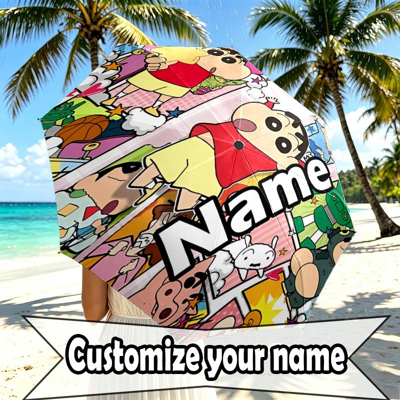 Custom Name Personalized Crayon Shin Print Umbrella, Auto Open Close, 8‑Rib Sturdy Frame, Commute Camping Hiking Use, Birthday Gift
