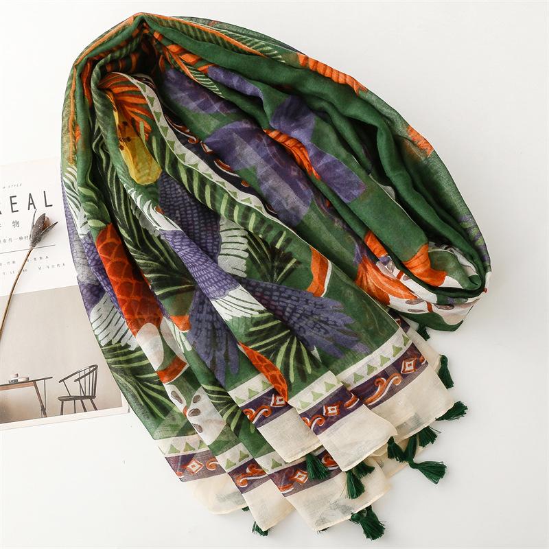 Ladies Scarf Thin Silk Scarf Spring Summer Tropical Plants Flowers Bugs Birds Bali Yarn Women Tassel Shawl