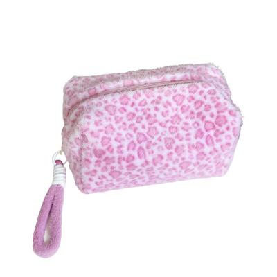 Fuzzy Plush Leopard Print Makeup Bag Large Capacity Pink Cosmetic Case Zipper Tote Toiletry Organizer Pouch for Women Girls