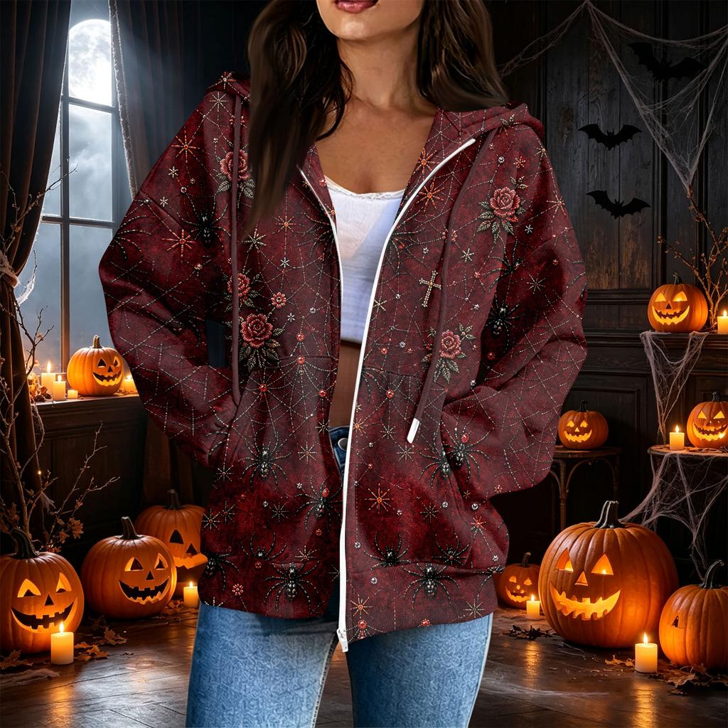 Women's Casual Long Sleeve Zip-Up Halloween Print Hooded Sweatshirt