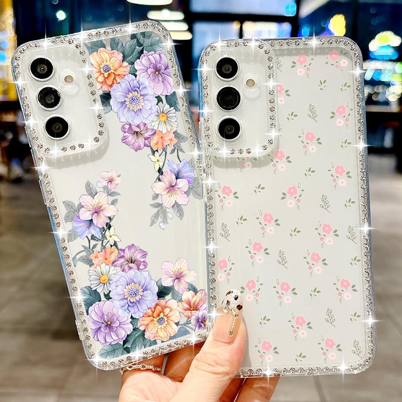 Husă Transparentă cu Cadru Diamant pentru Samsung S25 Edge S24 FE S23 Ultra S22 A56 A36 A16 A15 A55 A35 Model Floral Silicon Moale Antișoc Husă Bumper